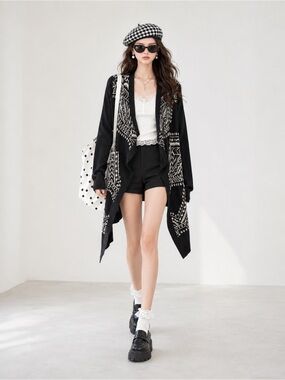 Ecote Black & White Geometric Open Front Asymmetrical Hem Cardigan